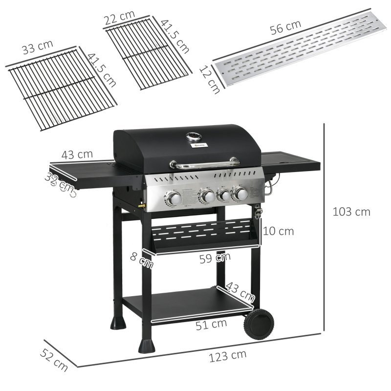 Outsunny 3+1 Gas Burner Grill, 11.5 kW Propane Gas Barbecue BBQ Grill with Wheels, Warming Rack, Shelves, Thermometer, Bottle Opener, Black