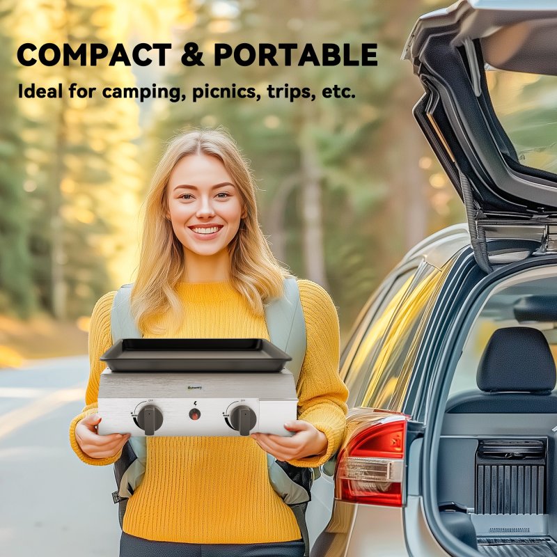 Outsunny Gas Plancha Grill with 2 Stainless Steel Burners, 4.8kW, Portable Tabletop Gas BBQ with Non-Stick Griddle for Camping, Picnic, Garden, Party, Festival, Silver Tone