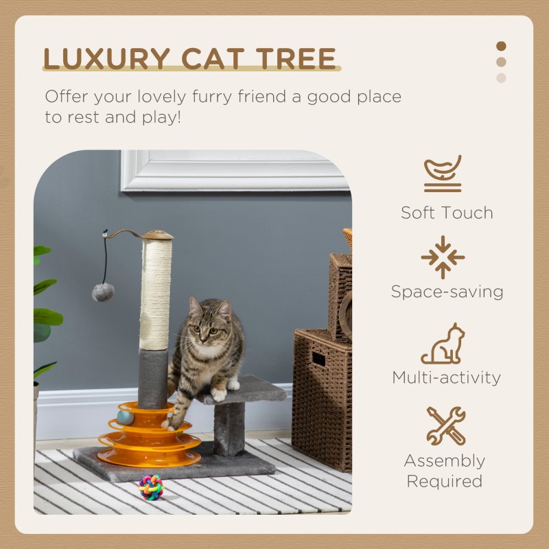 PawHut 56cm Cat Tree for Indoor Cats, Scratching Post w/ Cat Toys Climbing Tower Activity Centre, Dangling Ball - Grey