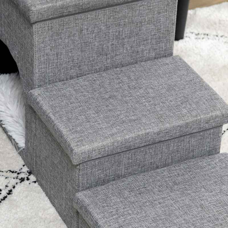 PawHut Dog Steps for Bed, 3 Step Pet Stairs with Kitten House and 2 Storage Boxes, 3 in 1 Dog Ramp for Sofa with Washable Plush Cushion, Light Grey
