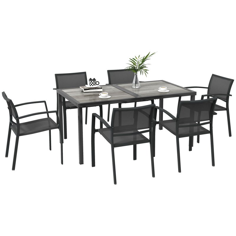 Outsunny 6 Seater Garden Dining Set, Stackable Armchairs and Wood-like Top Table, Space-Saving Outdoor Table and Chairs with Breathable Mesh Seat, Garden Furniture Set, Grey
