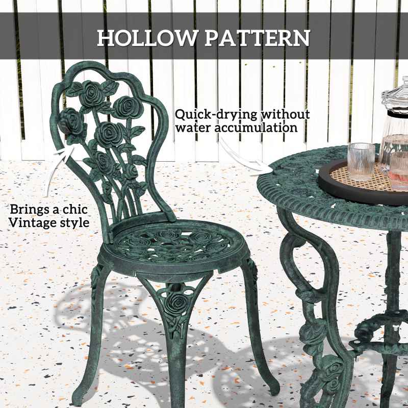 Outsunny Garden Bistro Set with Umbrella Hole, 3 Piece Cast Aluminium Garden Furniture Set, Antique Floral Round Coffee Table and Chairs, Small Balcony Furniture for Outdoor, Patio, Green