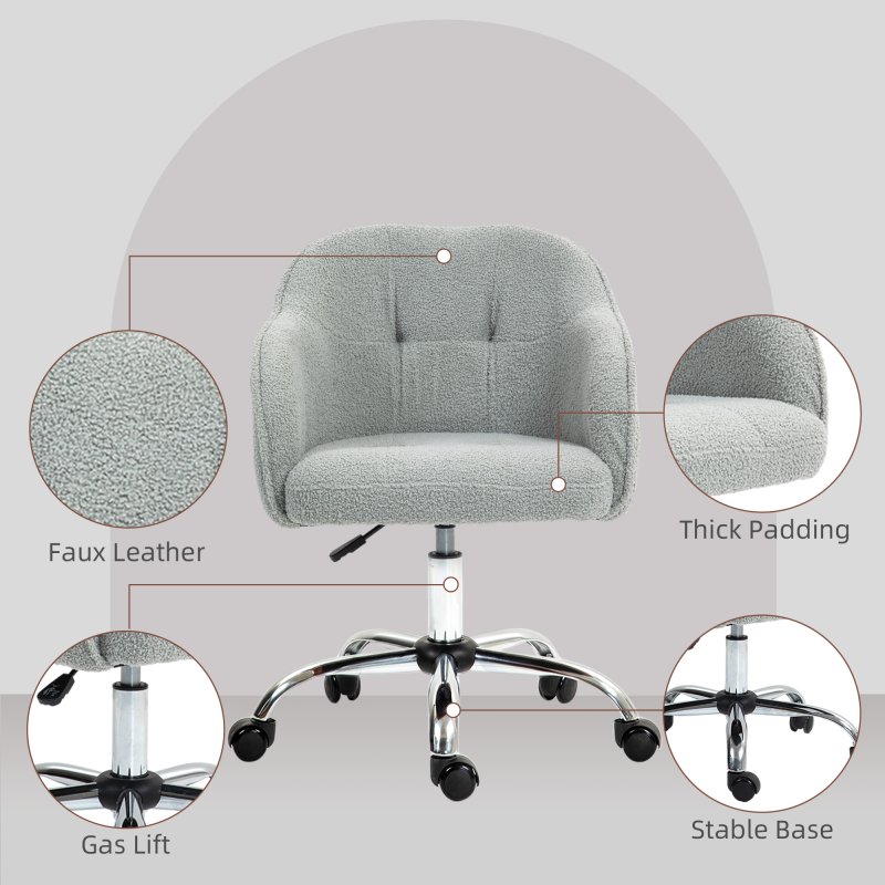 HOMCOM Office Chair, Teddy Fleece Swivel Computer Desk Chair, Makeup Vanity Seat with Adjustable Height for Home Study Bedroom, Grey