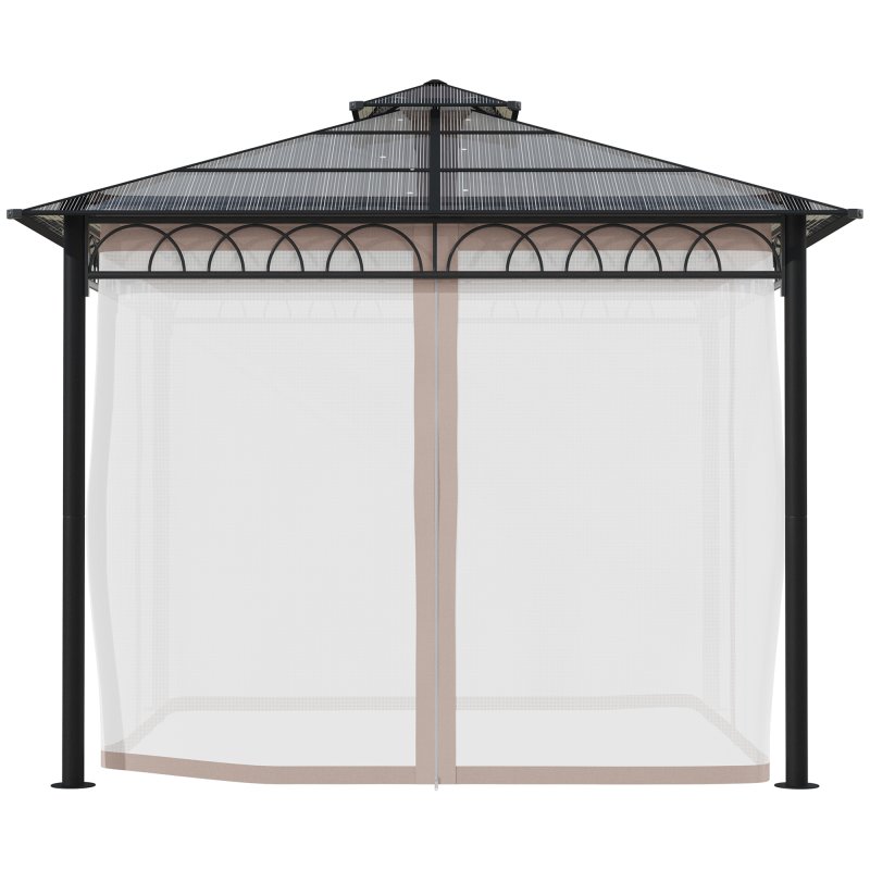 Outsunny 3 x 3 (m) Outdoor Polycarbonate Gazebo, Double Roof Hard Top Gazebo with Galvanised Steel Frame, Nettings & Curtains for Garden, Lawn, Patio and Deck, Khaki