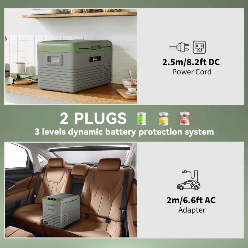 Outsunny 30L Car Refrigerator, Portable Compressor Car Fridge Freezer, Electric Cooler Box with 12/24V DC and 110-240V AC for Camping, Driving, Picnic, Down to -20°C, Light Green and Grey