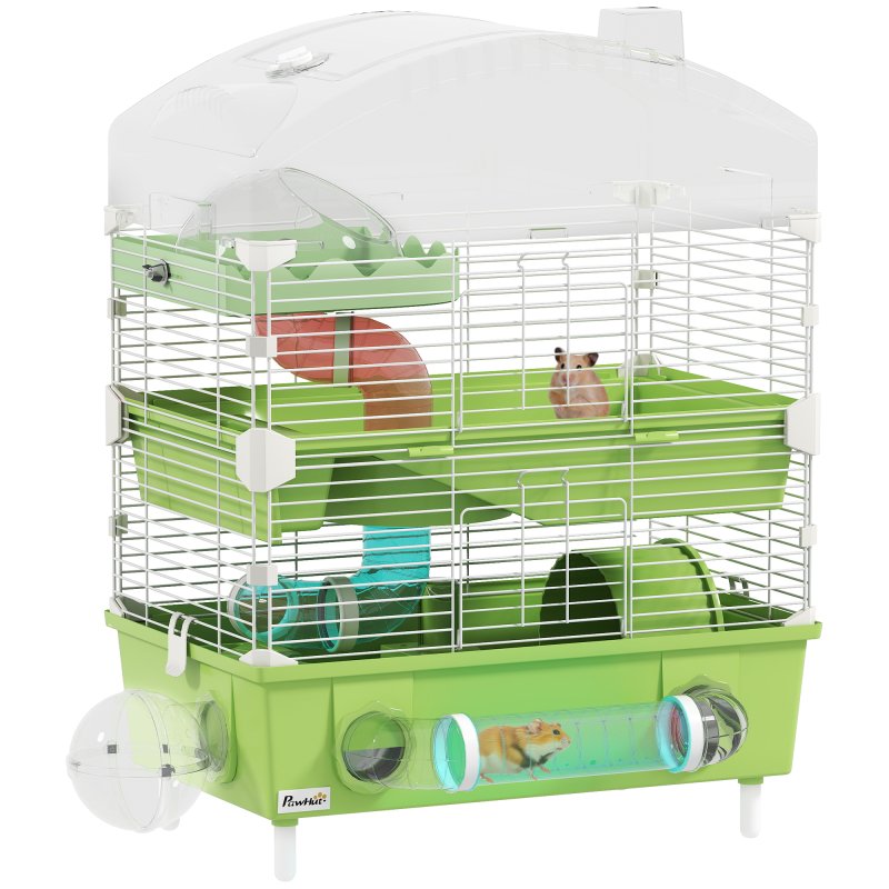 PawHut 3-Tier Hamster Cage, Hamster Habitat with Transparent Top, Sand Bathroom, Exercise Wheel, Hideout Room, Tubes, Small Animal Cage for Dwarf Hamster, 45 x 28 x 60 cm, Green