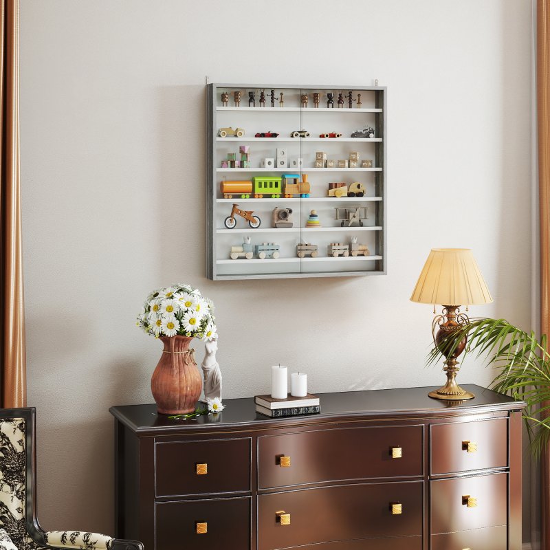 HOMCOM 7-Tier Wall Mounted Display Cabinet, Display Case with 6 Adjustable Shelves, Glass Doors for Home Office Ornaments 83x80cm, Graphite Wood Effect