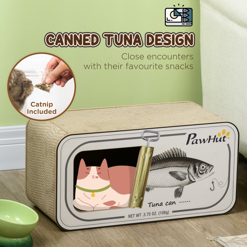 PawHut Cat Scratching Board, 2 in 1 Cat Scratcher Cardboard with Catnip, Canned Tuna Design Cat House for Indoor Kitty, Cream White