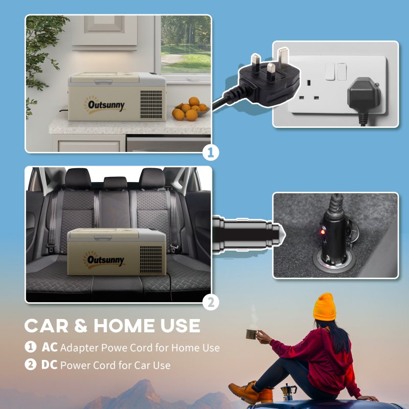 Outsunny 16L Car Refrigerator,  Portable Compressor Camping Fridge Freezer with 12/24V DC and 100-240V AC for Car, RV and Camping Use, Down to -20°C, Khaki