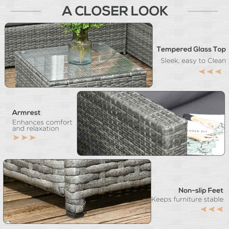 Outsunny 3 Pieces PE Rattan Garden Furniture Set with 10 cm Thick Cushions, 4 Seater Garden Corner Sofa Set with Glass Top Coffee Table, Outdoor Furniture for Patio, Porch, Grey