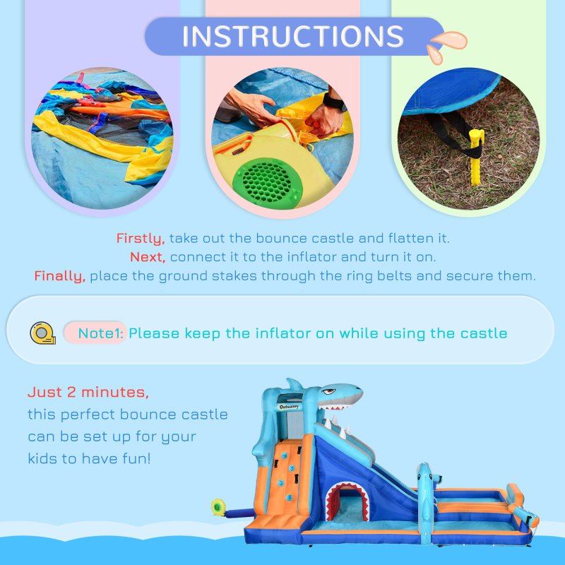 Outsunny Kids Bouncy Castle Inflatable Water Park 6 in 1 for Children Shark-Themed with Slide, Pool, Climbing Wall, Water Cannon for 3-8 Years