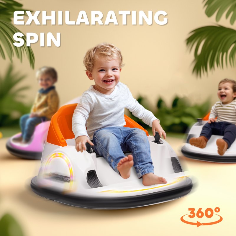 AIYAPLAY Kids Bumper Car, 360-Degree Rotation 12V Waltzer Car, Battery Powered Ride On Toy with Remote Control, Dual Joysticks, Music, USB, LED Lights, Horn for Boys Girls, Orange