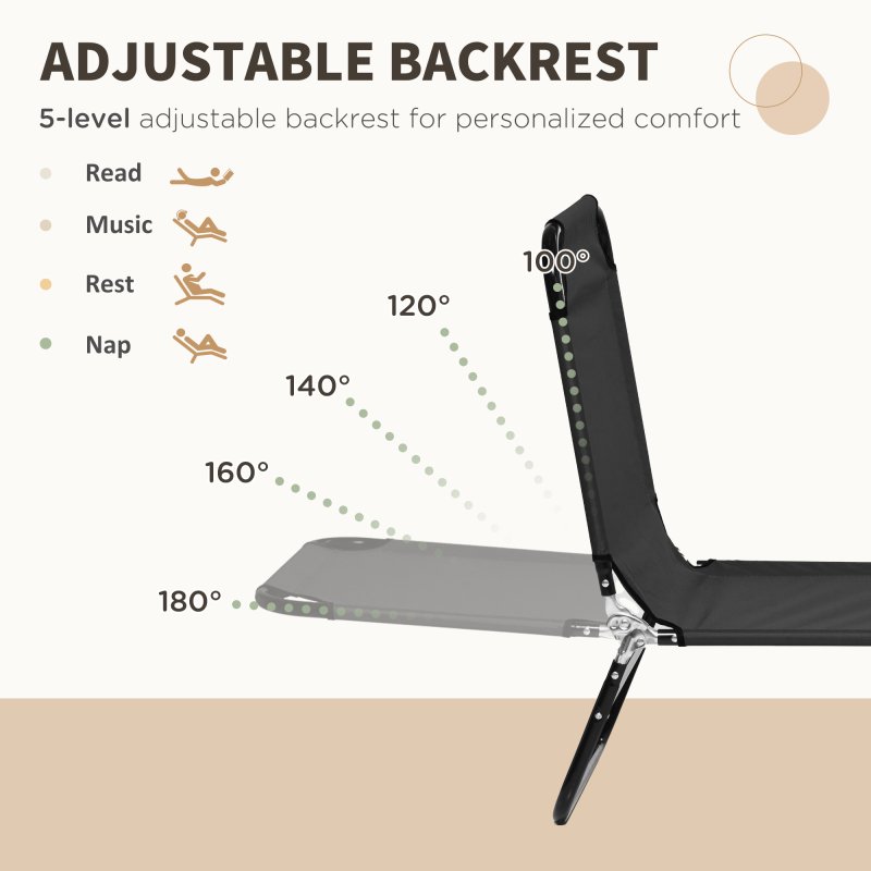 Outsunny Folding Sun Loungers Set of 2, Outdoor Day Bed with 5-Position Adjustable Backrest, Portable Recliner Garden Chairs with Breathable Mesh for Beach, Patio, Black