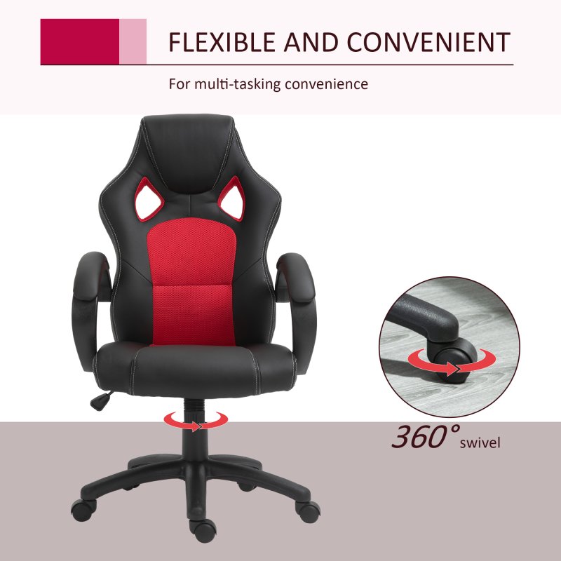 Vinsetto Gaming Chair Faux Leather Swivel Computer Racing Gamer Desk Chair for Home Office with Wheels, Red