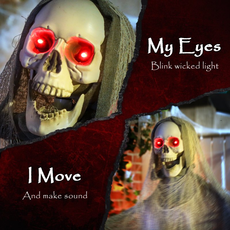 Outsunny 183 cm Life Size Halloween Animated Skeleton Grim Reaper with Glowing LED Eyes, Scary Halloween Decorations, Battery Operated, Indoor Party Props