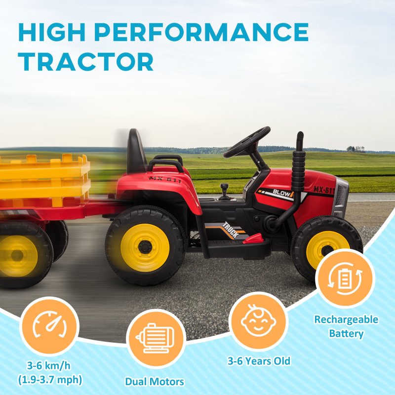 HOMCOM Electric Ride on Tractor 12V Kids Electric Car with Detachable Trailer Remote Control, Music, Horn, Lights, Start-Up Sound, for Ages 3-6 Years - Red