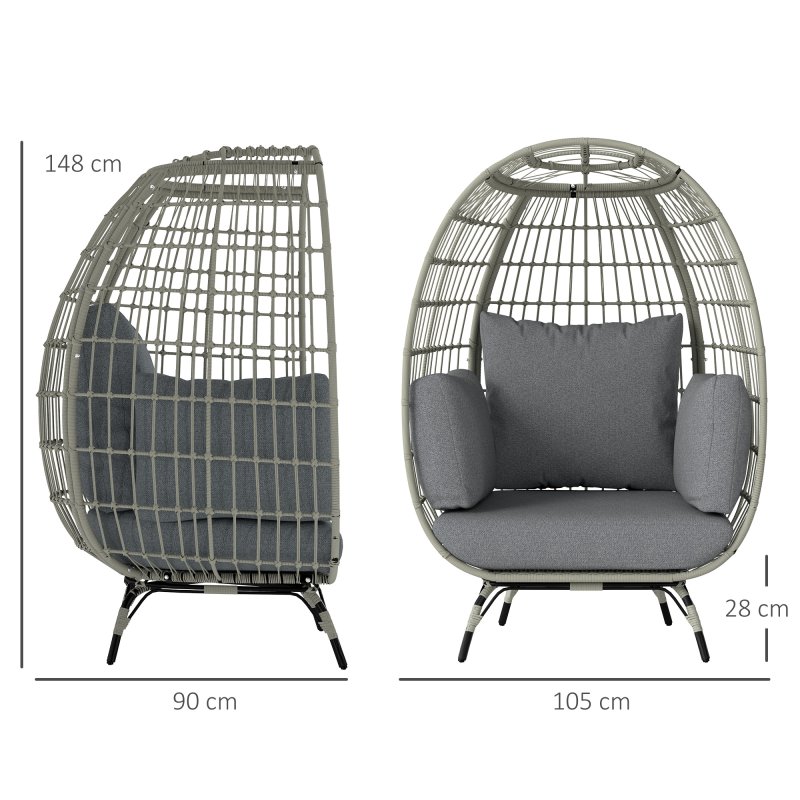 Outsunny Oversized Garden Egg Chair, Outdoor Wicker PE Rattan Chair with Thickened Padded Cushions and Pillows for Balcony, Porch, Charcoal Grey