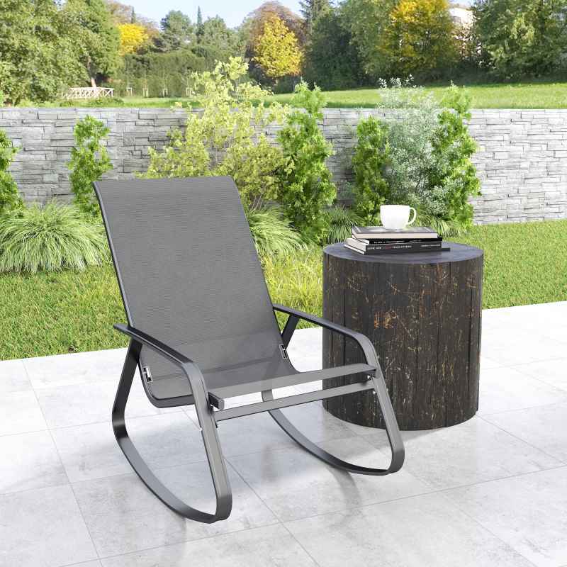 Outsunny Garden Rocking Chair, Ergonomic Outdoor Rocking Chair with Armrests, High Backrest, Steel Frame Relaxing Rocker Armchair Seat for Patio, Balcony, Porch, Grey