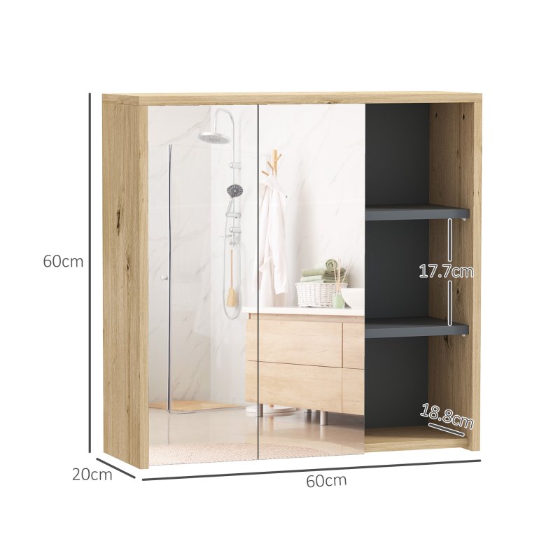 HOMCOM Bathroom Mirror Cabinet, Wall Mounted Bathroom Cabinet with Mirror, 2 Doors and Cupboards, Natural