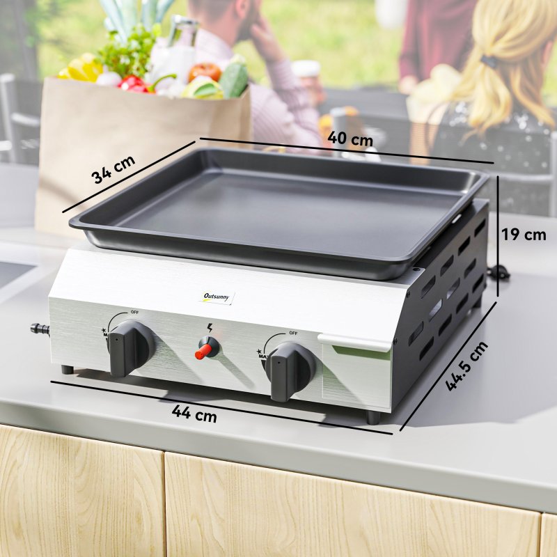 Outsunny Gas Plancha Grill with 2 Stainless Steel Burners, 4.8kW, Portable Tabletop Gas BBQ with Non-Stick Griddle for Camping, Picnic, Garden, Party, Festival, Silver Tone