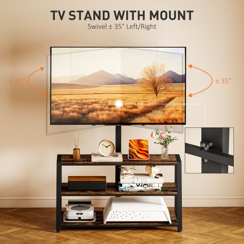 HOMCOM TV Stand Cabinet with Swivel Bracket for 32 - 65 Inch TVs, Industrial TV Cabinet with Open Shelves, Cable Management, Trapezoid-Shaped Steel Frame for Living Room, Bedroom, Rustic Brown