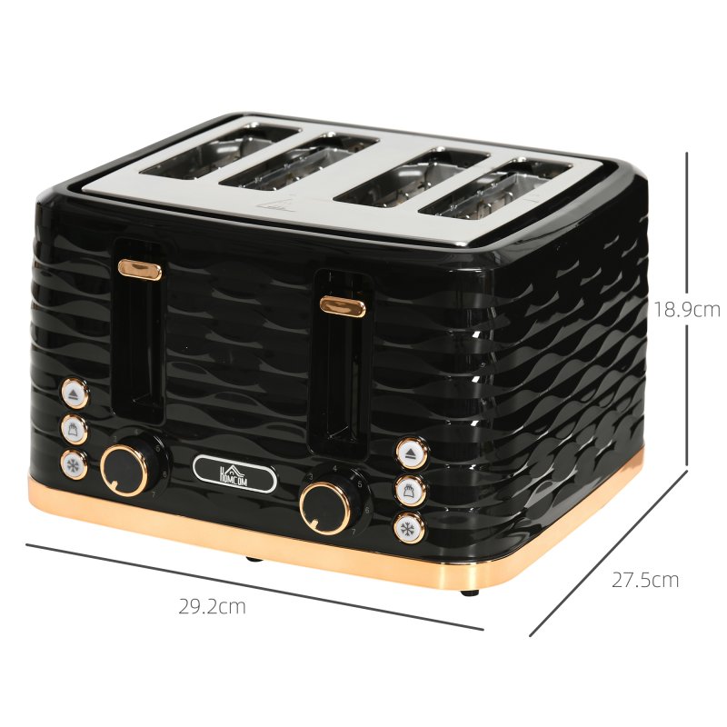 HOMCOM 4 Slice Toaster with 7 Browning Levels, High Lift, Reheat/Defrost/Cancel, Self-centring Function, Removable Crumb Tray, Auto Off, 1600W, Black Water Ripple Texture
