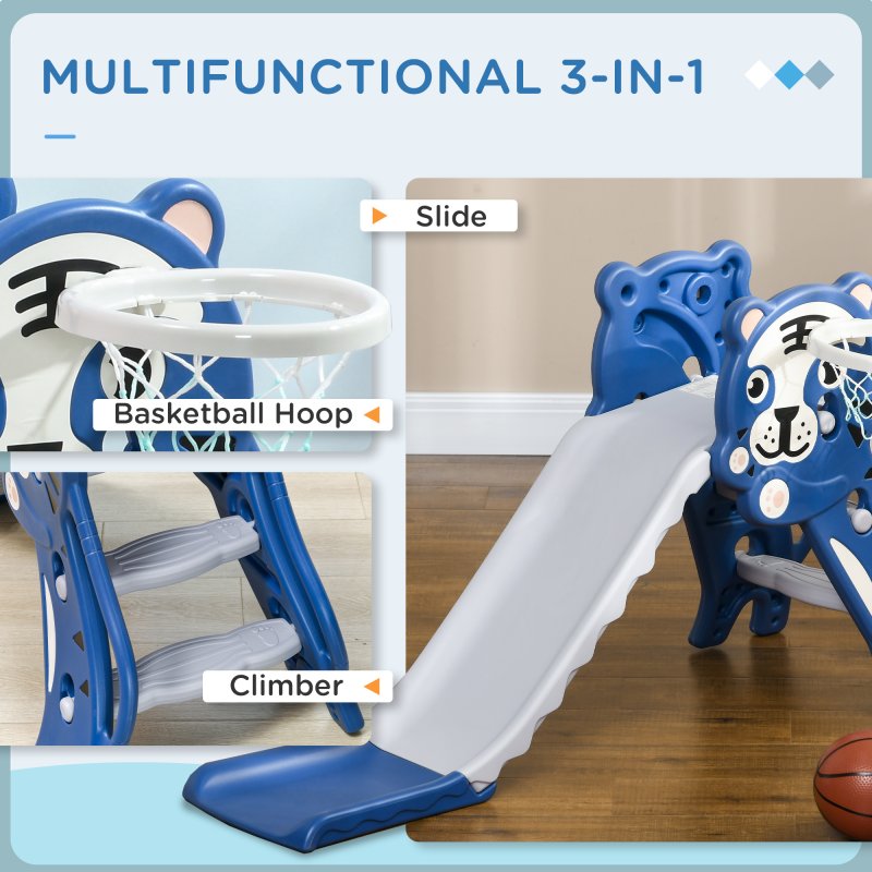 AIYAPLAY Kids Slide 3 in 1 Freestanding Toddler Slide with Climber, Basketball Hoop, Basketball, Tiger-Themed for Ages 18-36 Months - Blue