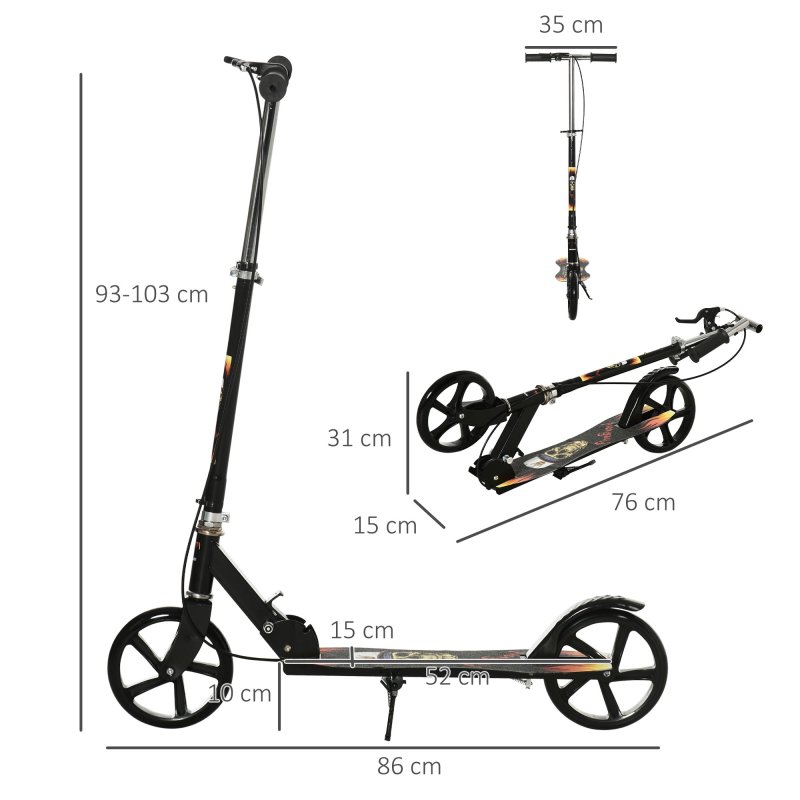 HOMCOM Kids Scooter, Foldable Stunt Scooter with Adjustable Height, Brake for Ages 7-14 Years - Black