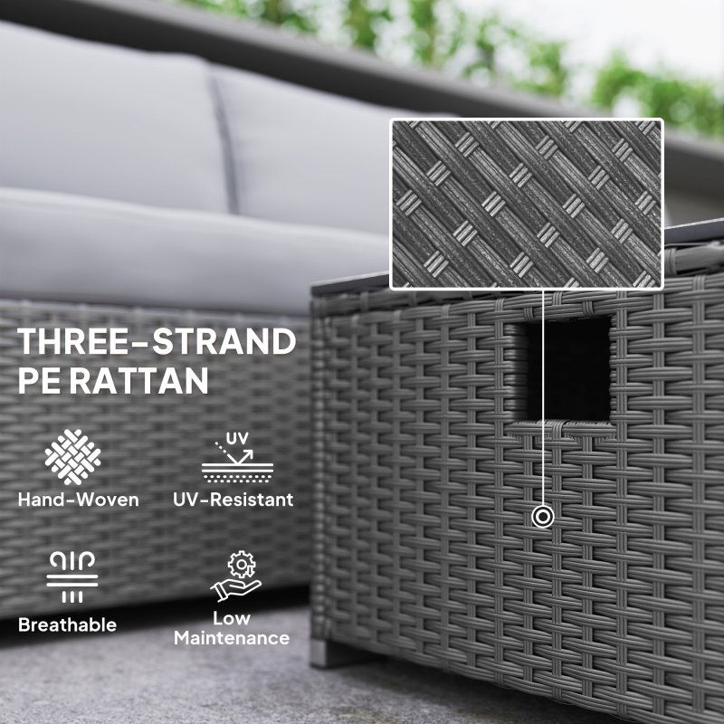 Outsunny 5 Piece Rattan Garden Furniture Set with Gas Fire Pit Table, 4 Seater Outdoor Sectional Sofa Set with Footstool and Removable Cushions, Modular Combination, Grey