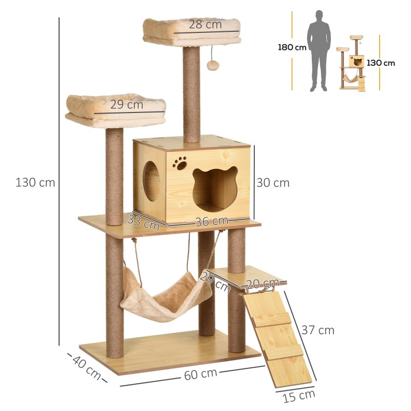 PawHut Wooden Cat Tree for Indoor Cats Climbing Tower for Large Cats with 5 Scratching Posts Hammock Toy Ball 130cm