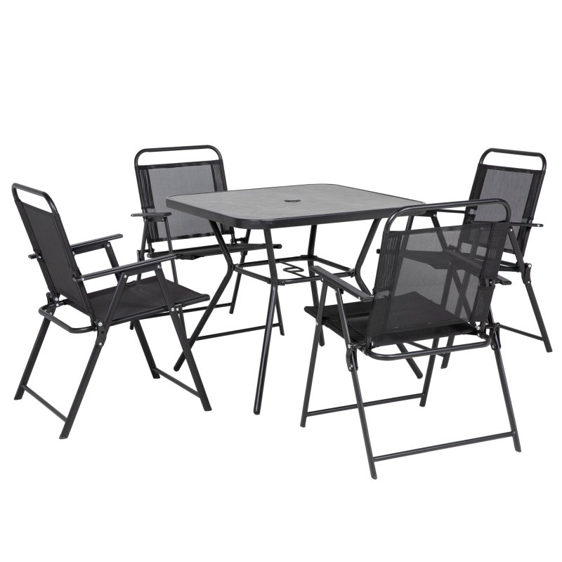 Outsunny 5-Piece Garden Dining Set with 4 Foldable Armchairs, Outdoor Furniture Set with Parasol Hole and Wood-plastic Composite Top Dining Table, Mesh Seat, Black