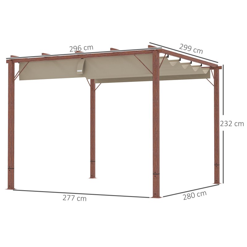 Outsunny 3 x 3(m) Garden Pergola with Retractable Roof Canopy and Wood Grain Aluminium Frame, Outdoor Gazebo Pergola Kit, UPF30+ Sun Shade Shelter for Deck, Porch, Natural Wood Finish