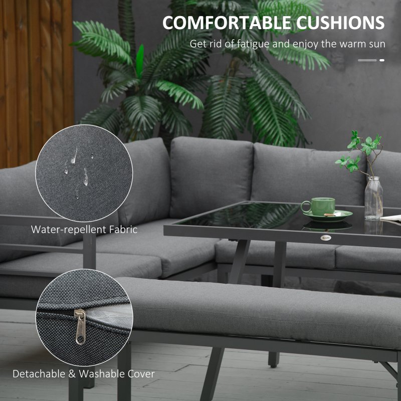 Outsunny 4 Piece L-shaped Garden Furniture Set 8-Seater Aluminium Outdoor Dining Set Conversation Sofa Set w/ Bench, Dining Table & Cushions, Grey