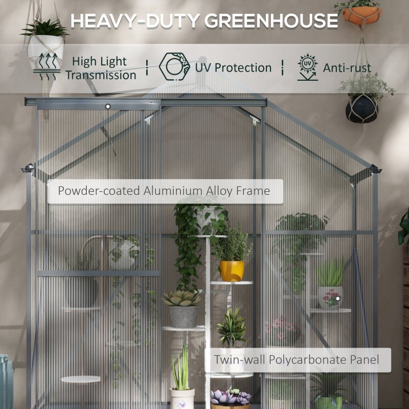 Outsunny 6 x 2.5ft Polycarbonate Greenhouse, Walk-In Green House with Sliding Door, 5-Level Roof Vent, Rain Gutter, Garden Plants Grow House with Aluminium Frame and Foundation, Dark Grey