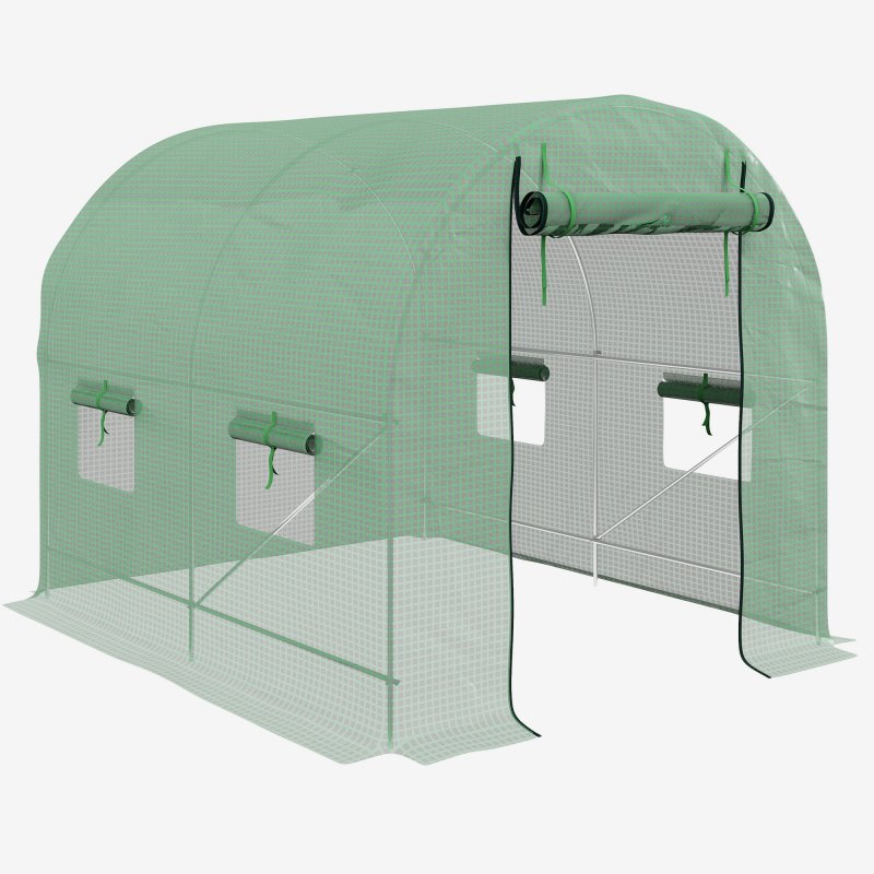 Outsunny 2.5 x 2m Walk-In Polytunnel Greenhouse, with Steel Frame, PE Cover, Roll-Up Door and 4 Windows, Green