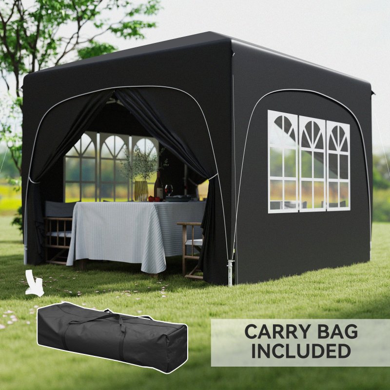 Outsunny 3 x 3(m) Pop Up Gazebo with Sides and Carry Bag, UPF50+, Height Adjustable Party Tent Instant Event Shelter for Garden, Outdoor, Patio, Black