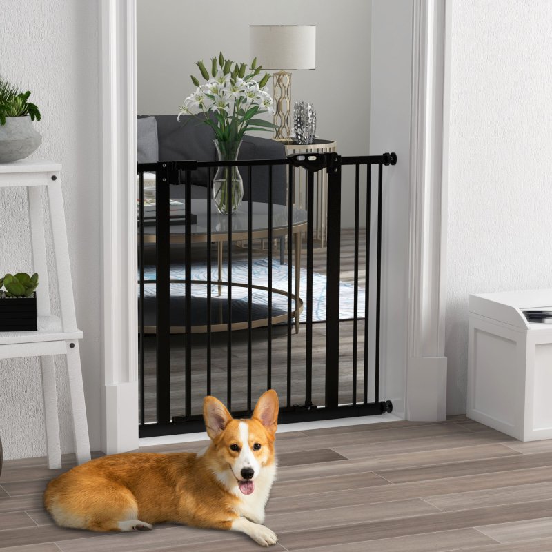 PawHut Dog Gate Stair Gate Pressure Fit Pets Barrier Auto Close for Doorway Hallway, 74-87cm Wide Adjustable, Black