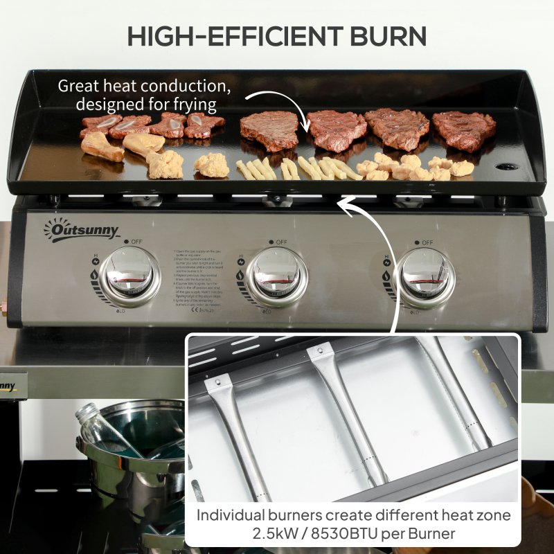 Outsunny Gas Plancha Grill with 3 Stainless Steel Burner, 7.5kW, Portable Tabletop Gas BBQ with Non-Stick Griddle and Lid for Camping Picnic Garden Party Festival