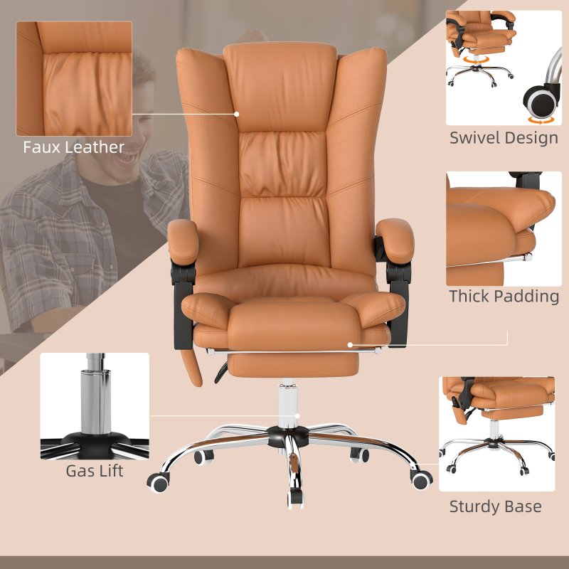 Vinsetto High Back Vibration Massage Office Chair, Heated Reclining PU Leather Computer Chair with 135° Reclining Back and Footrest, Light Brown