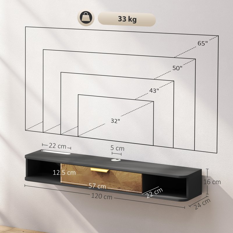 HOMCOM 120 cm Floating TV Stand Cabinet, Wall Mounted TV Cabinet with Open Compartments and Flip Door, Modern Entertainment Media Console for Living Room, Charcoal Grey