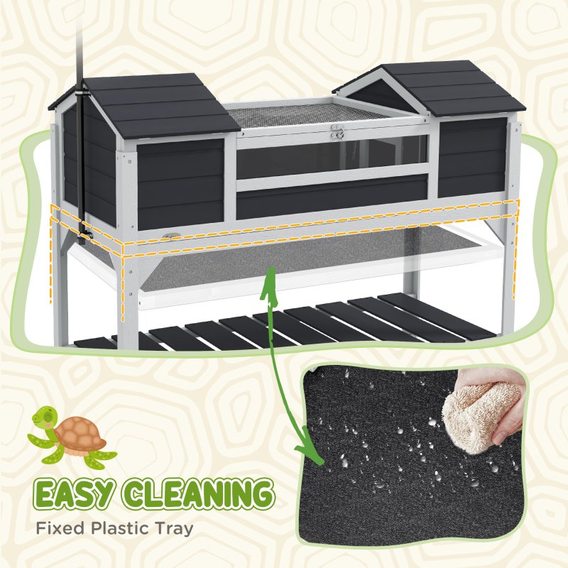 PawHut Tortoise House, Wooden Tortoise Enclosure with Adjustable Lamp Holder, Tortoise Table with Openable Lid, Dual Main Houses, Storage Shelf, Basking Area, Fixed Tray - Grey