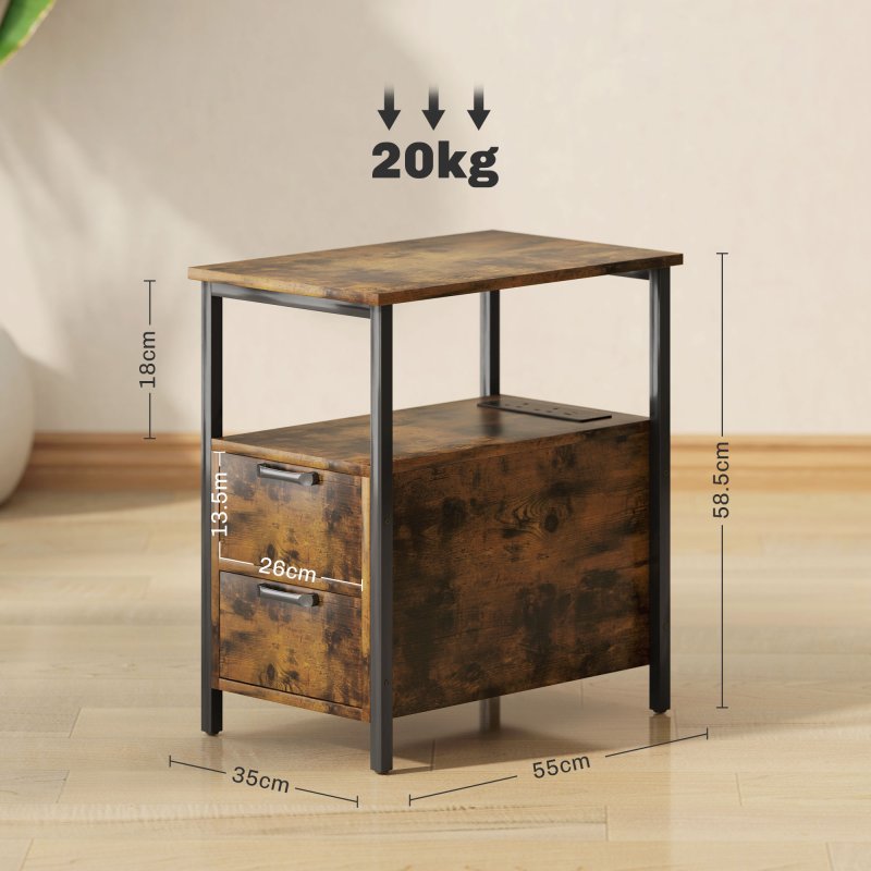 HOMCOM Side Table with Charging Station, USB Ports and Power Outlets, Narrow Bedside Table with 2 Drawers and Shelf for Living Room, Bedroom, Rustic Brown