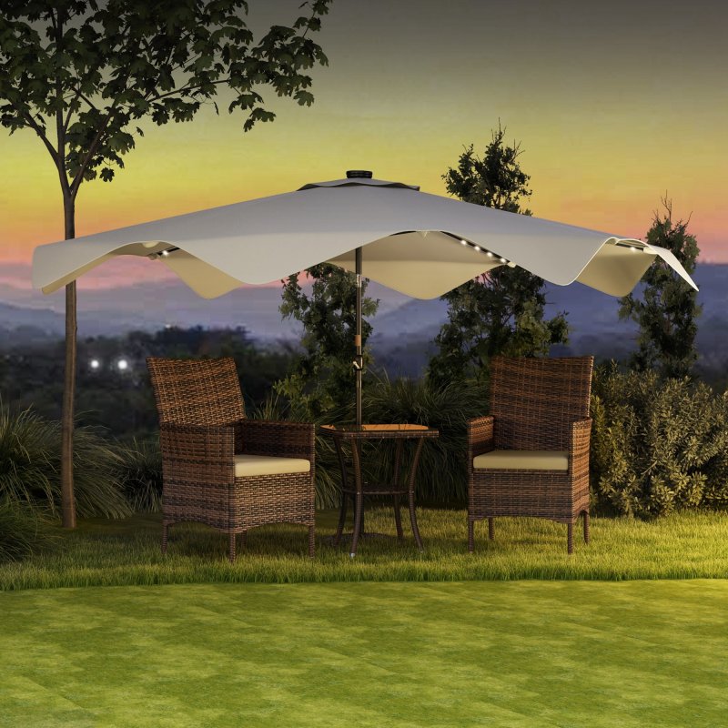 Outsunny 3(m) Garden Parasol Umbrella with 32 Solar LED Lights and Tilt, Outdoor Market Table Umbrella Sun Shade Canopy with Crank, 8 Ribs, Cream White