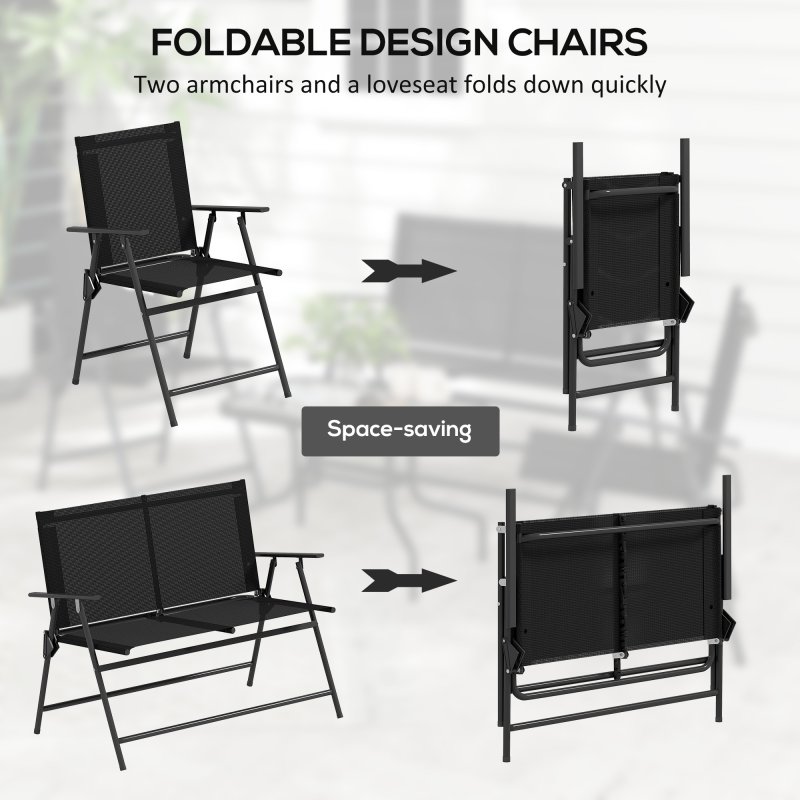 Outsunny Outdoor?4 Pieces Patio Furniture Set with Breathable Mesh Fabric?Seat & Backrest,?Garden Set with Two Foldable Armchairs, a Loveseat &?Glass?Top?Table, Black