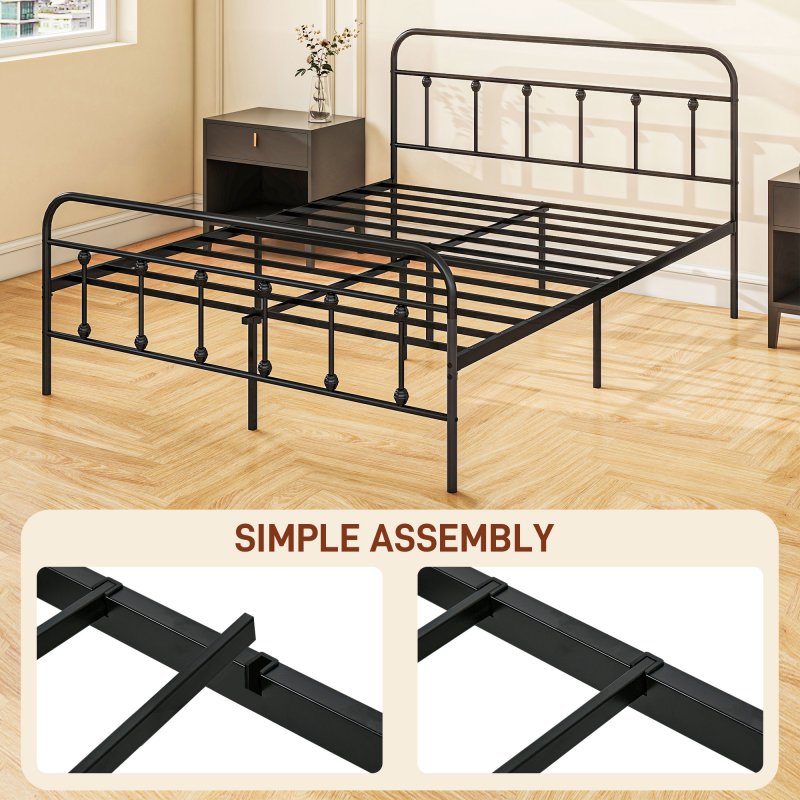 HOMCOM 4ft6 Double Bed Frame with Underbed Storage, Metal Platform Bed frame with Tall Headboard, Footboard and Steel Slat Support, No Box Spring Needed, Easy Assembly, Black