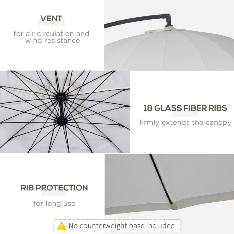 Outsunny 3(m) Cantilever Shanghai Parasol Garden Hanging Banana Sun Umbrella with Crank Handle, 18 Sturdy Ribs and Cross Base, White