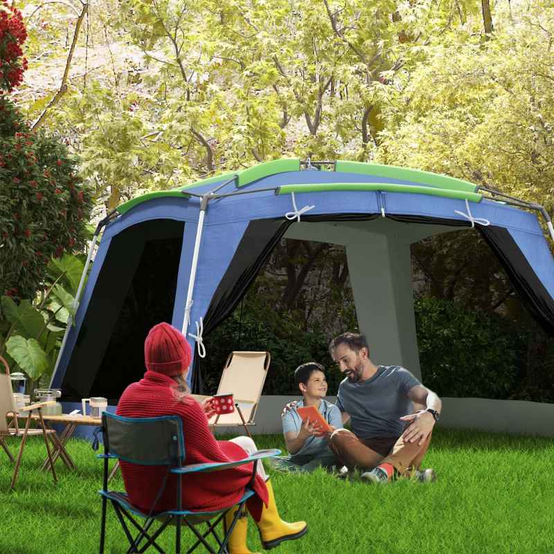 Outsunny 5-8 Person Camping Tent, Portable Dome Tent, Outdoor Screen House Sun Shelter, 360x355x215cm - Dark Blue/Green
