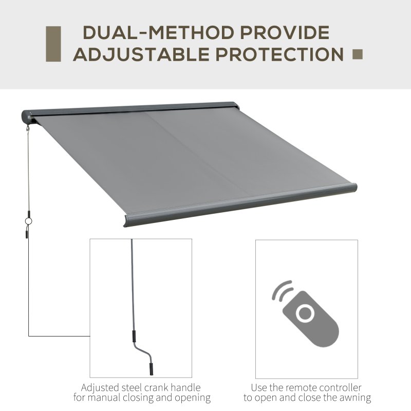 Outsunny 3x2.5m LED Light Full Cassette Case Electric/Manual Awning Door Window Sun Shade Patio Canopy Retractable w/ Remote Grey