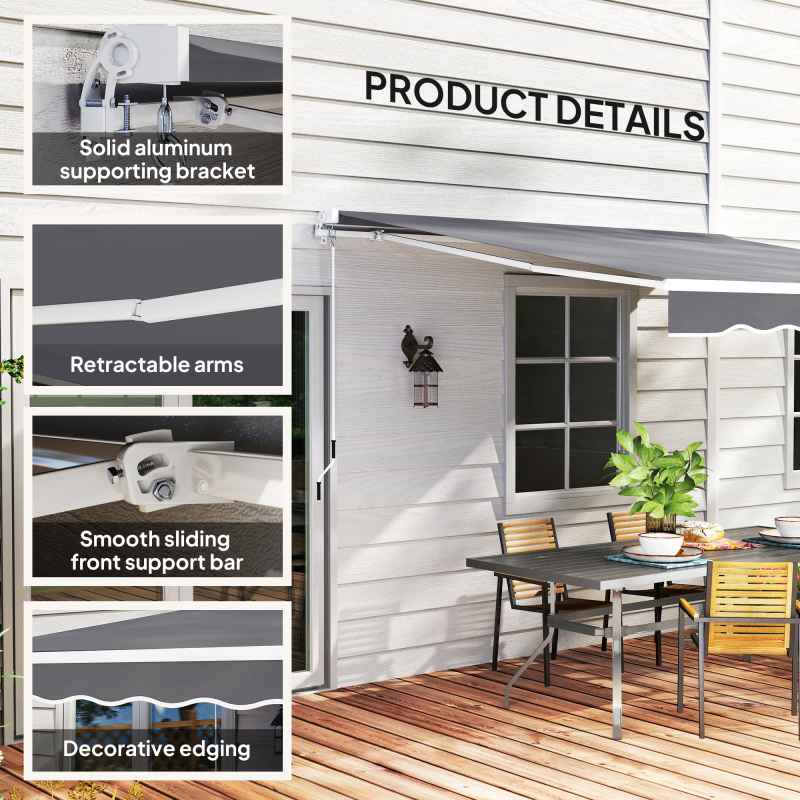 Outsunny 2.5m x 2m Retractable Awning, DIY Garden Awning Canopy, Anti-UV Sun Shade Shelter with Aluminium Frame and Crank Handle, Dark Grey