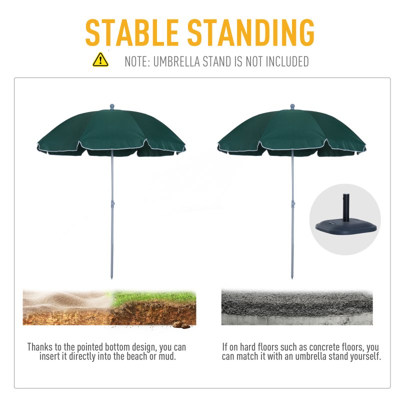 Outsunny 2.2m Beach Umbrella, Portable Parasol with Tilting Function, Outdoor Sunshade Shelter with 8 Ribs for Garden, Pool and Patio, Green